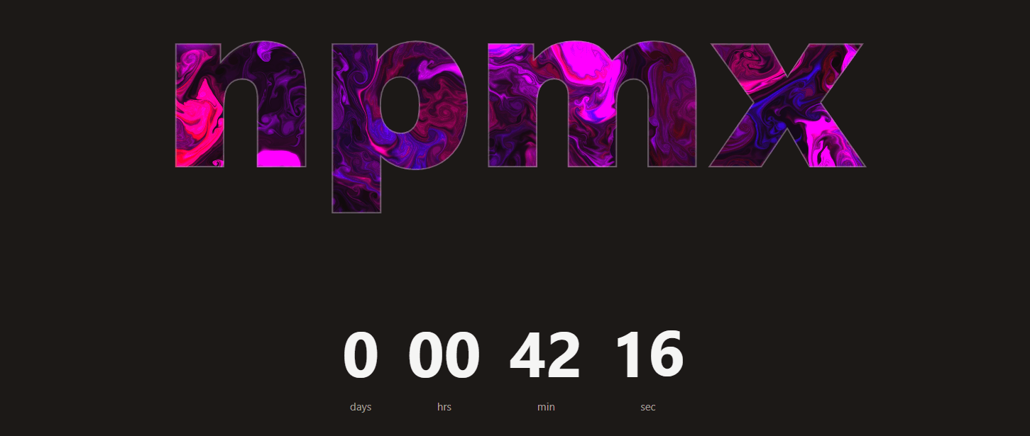 Screenshot of https://blento.app/npmx.dev saying './npmx' 0:00:42:16