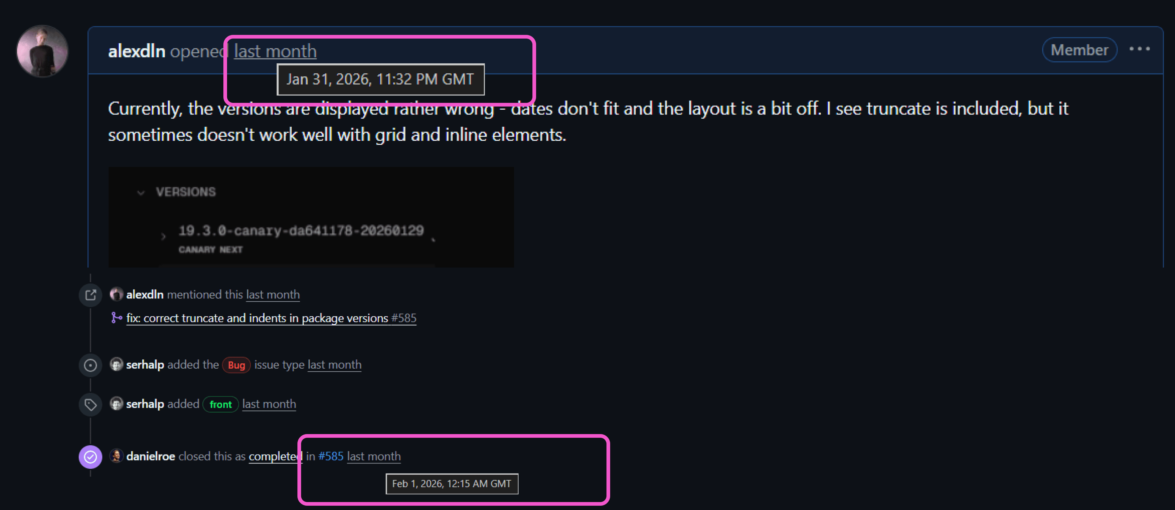 Screenshot of a dark-themed GitHub issue page. At the top, a tooltip over 'last month' shows 'Jan 31, 2026, 11:32 PM GMT', highlighted with a pink box. The issue text discusses version display layout problems. Lower on the page, another pink-highlighted tooltip shows 'Feb 1, 2026, 12:15 AM GMT' next to a comment indicating the issue was closed